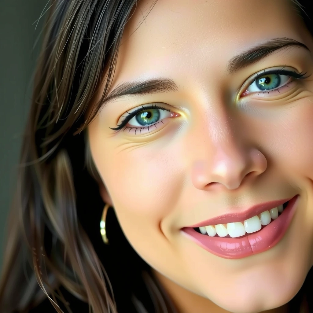 Porträt einer Frau namens Julia P., die entspannt und glücklich aussieht