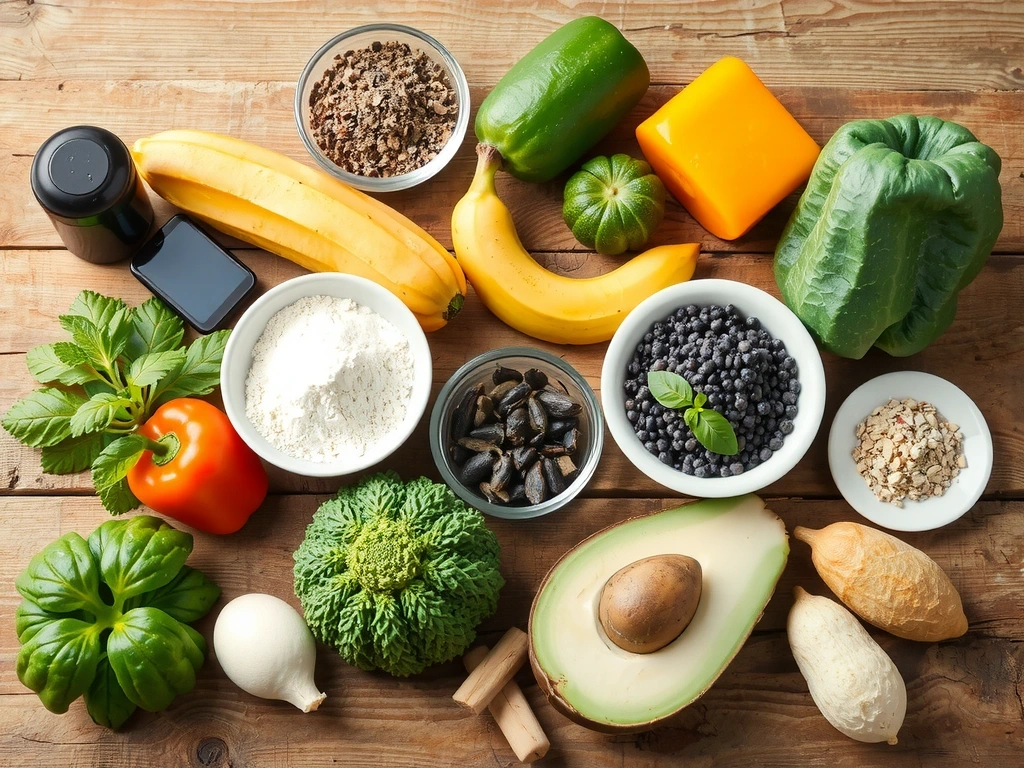 Eine Sammlung verschiedener Heilkräuter und gesunder Lebensmittel auf einem rustikalen Holztisch, symbolisiert natürliche Heilung und unterstützende Ernährung bei Krankheiten. Kein Text.